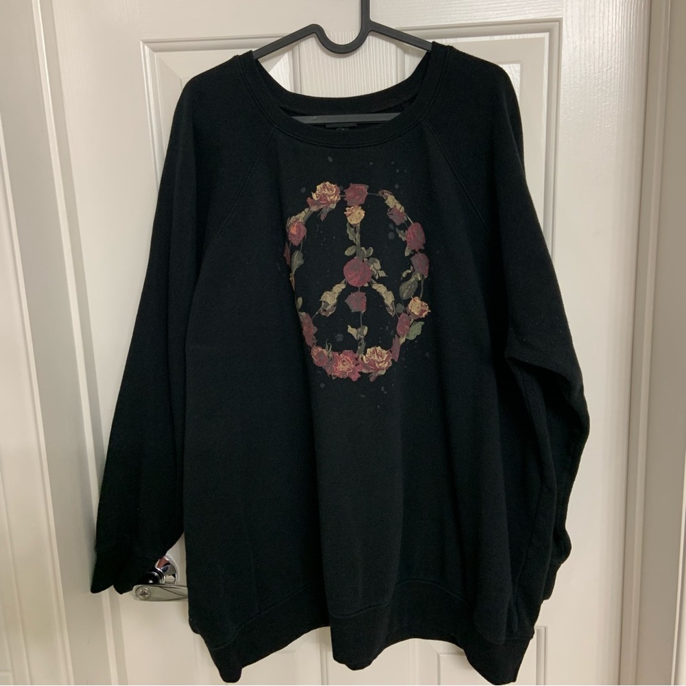 Torrid Black Sweater Floral Peace Sign Long Sleeve 2X